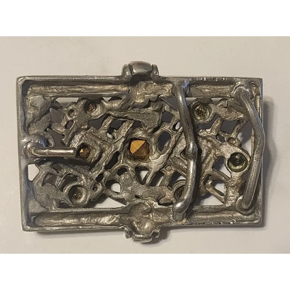 Vintage Silver Tone Multi Color Crystal Interwoven Belt Buckle Metalwork